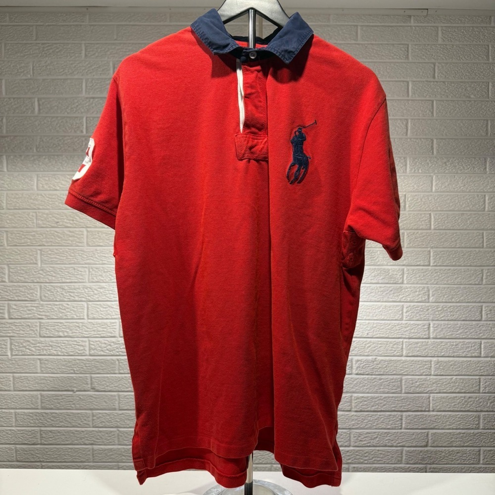 Ralph‎ Lauren Polo Shirt Red Mens XL Navy Collar Pony Logo 3 Patch